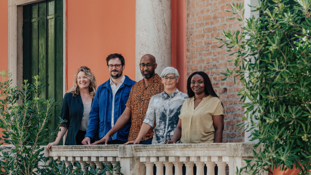 The curatorial team for the British Pavilion at the Venice Biennale 2025 stand in a row in front of the British Pavilion building. Left to right: Sevra Davis, Owen Hopkins, Kabage Karanja, Dr Kathryn Yusoff and Stella Mutegi