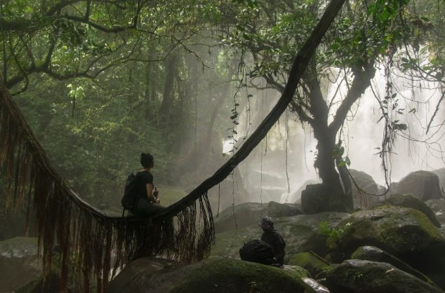 A woman sits on a vine in a jungle