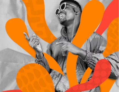 A black nad white photo of a smiling and dancing man wearing sunglasses and headphones is overlaid by vibrant orange graphic swirls.
