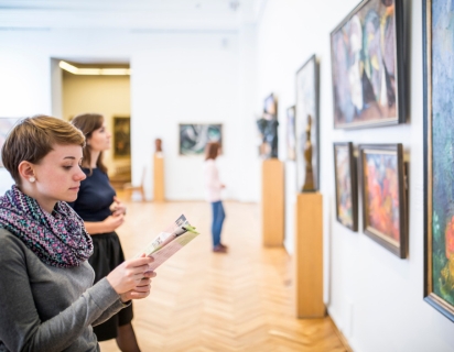 Two women in an art gallery in Kyiv