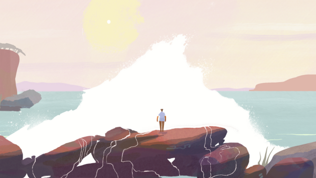 Drawn image of a person standing on rocks facing a large crashing wave under a pale yellow sun.