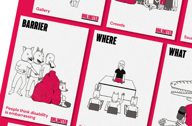 An illustrated composite image showing cards displaying inclusion barriers like 'People think disability is embarrassing' in galleries, crowds, and schools. 