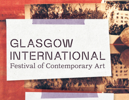 Text appears on white background as if stuck to textures behind it: 'Glasgow International Festival of Contemporary Art'. 
