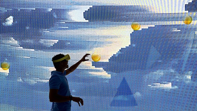 Shadowed man wearing headset, reaching out to yellow circles amongst virtual clouds.