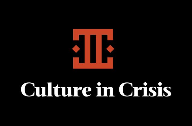 A red logo resembling the front of a temple with classical columns with the wording 'Culture in Crisis'