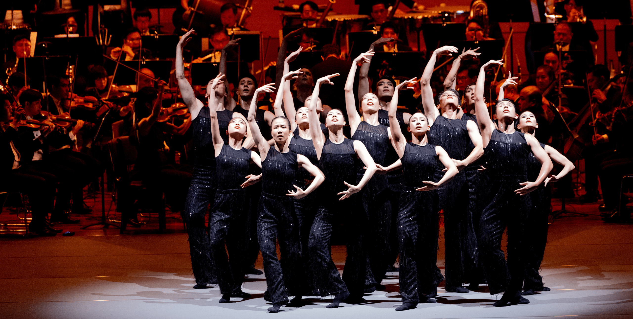 A group of dancers dressed in black stand in the same balletic pose on stage, with their right arms held above their heads, and their left arms below, looking upwards 