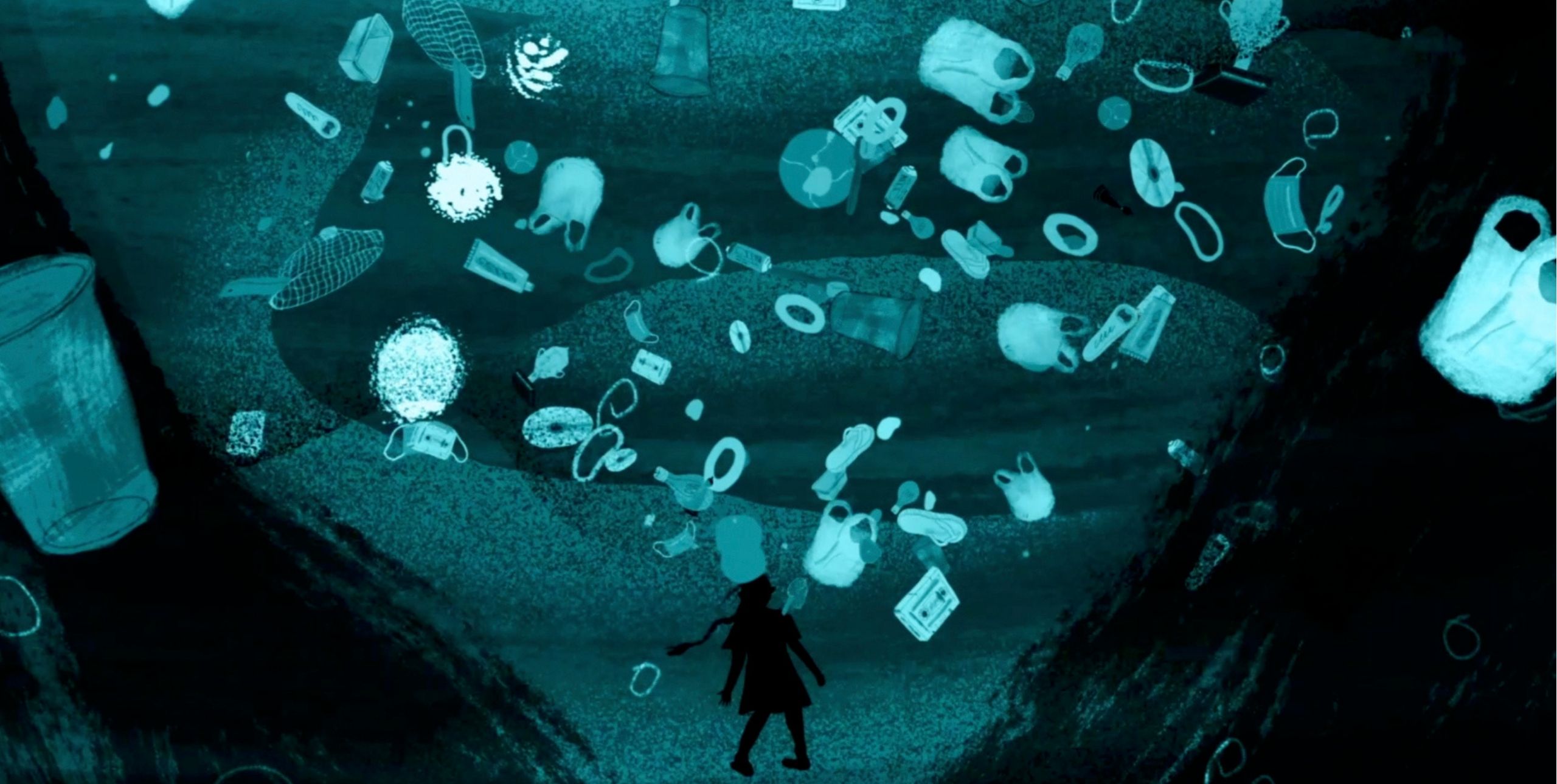 An animation still of plastic items swirling around in the sea