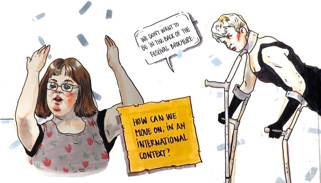 An illustration featuring two disabled performers. On the left, a woman with glasses and patterned dress raises her arms expressively. A speech bubble above reads, “We don’t want to be in the back of the festival brochure.” On the right, a performer using crutches leans forward in a determined pose. In the centre, a yellow sign reads, “How can we move on, in an international context?” The artwork reflects themes from the report Disabled Artists in the Mainstream: A New Cultural Agenda for Europe.