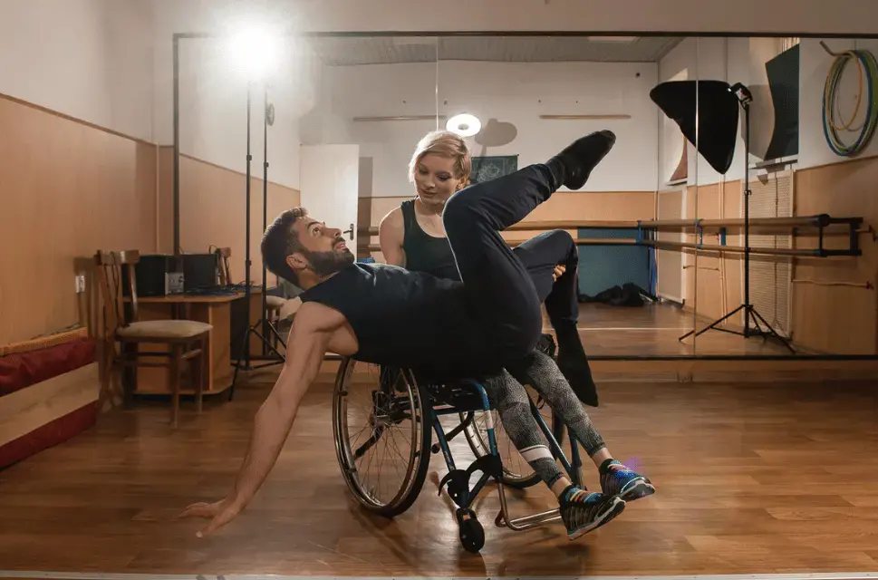 Performers Victoria 'Vikki' Kliushyna and Iacob Gogotishvili at a rehearsal of The Argonauts in Kyiv, Ukraine, part of Unlimited: Making the Right Moves