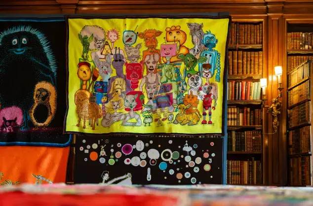 Drawings hanging in a library. Credit: Drew Forsyth.