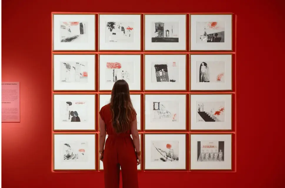 From Paper to Screen, MoCAB, Serbia, 11 June–12 August 2025. Photo: Bojana Janjić. David Hockney, A Rake’s Progress series, 1961–1963. Etching and aquatint, edition 50, 40.005 × 56.5 cm. © David Hockney.