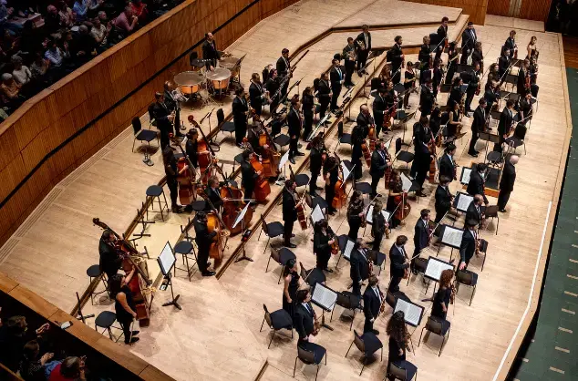 Classical orchestra ensemble, viewed from above, on stage with strings, woodwinds and percussion instruments.