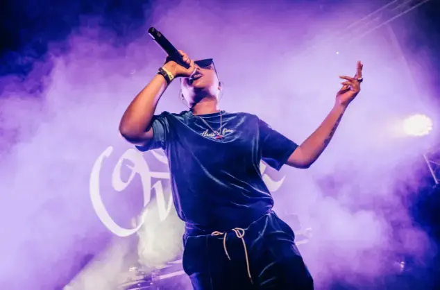 Performer wearing dark T-shirt and sunglasses, holding microphone with bright lights and smoke behind them.