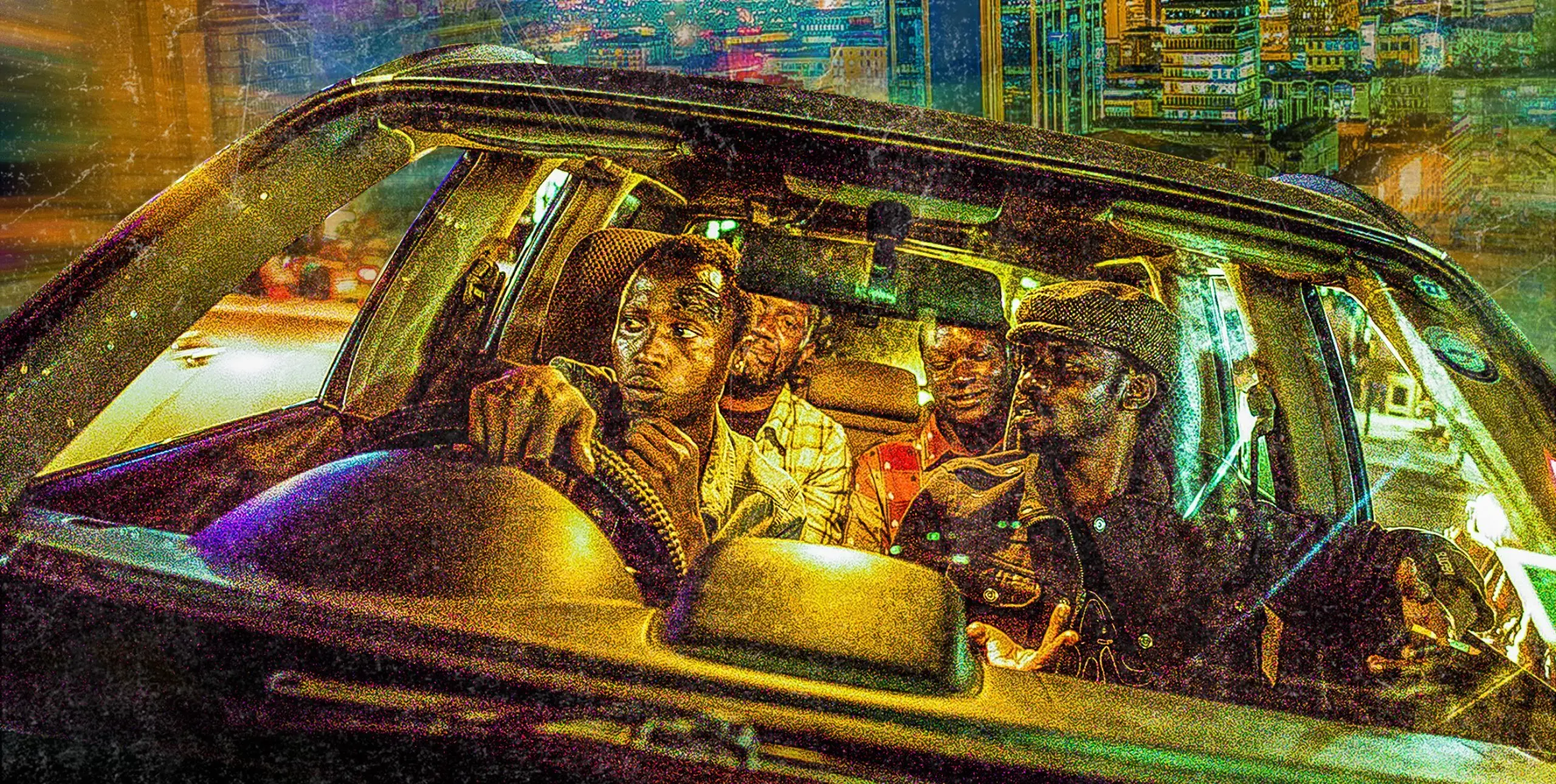 Poster image from ROLEX of four men in a car at night with a cityscape behind them.