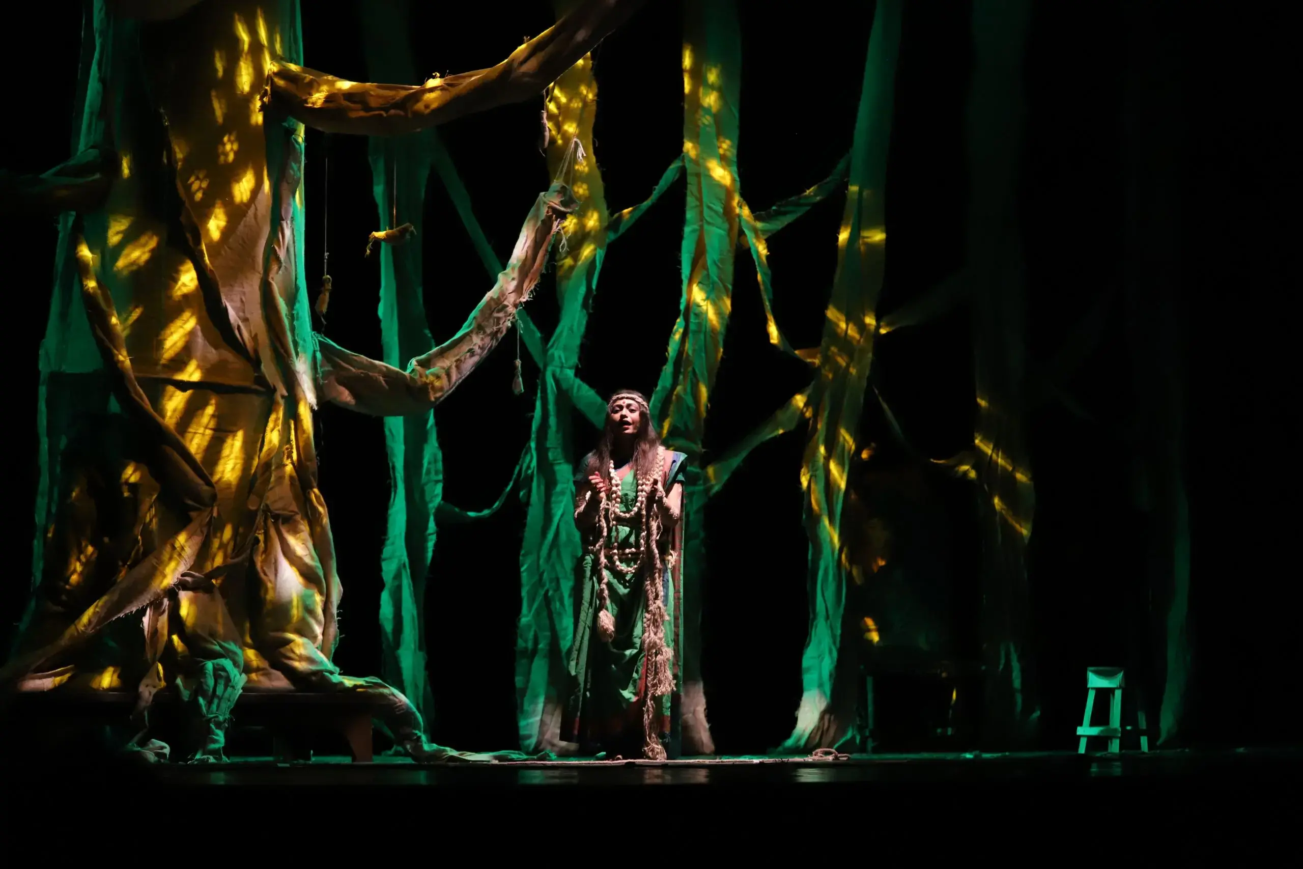 An Asian woman on stage with a forest-like set