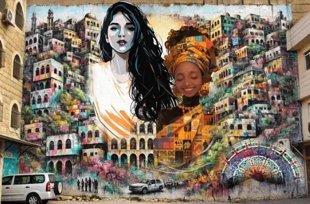 A mural of two women in amongst an urban scene, painted on the wall of a street, with a building on the left and a white car on in the bottom left of the frame.