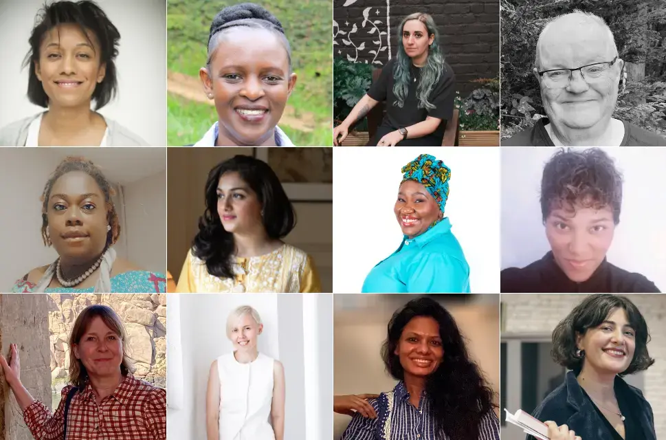 Collage of twelve face images looking fowards.