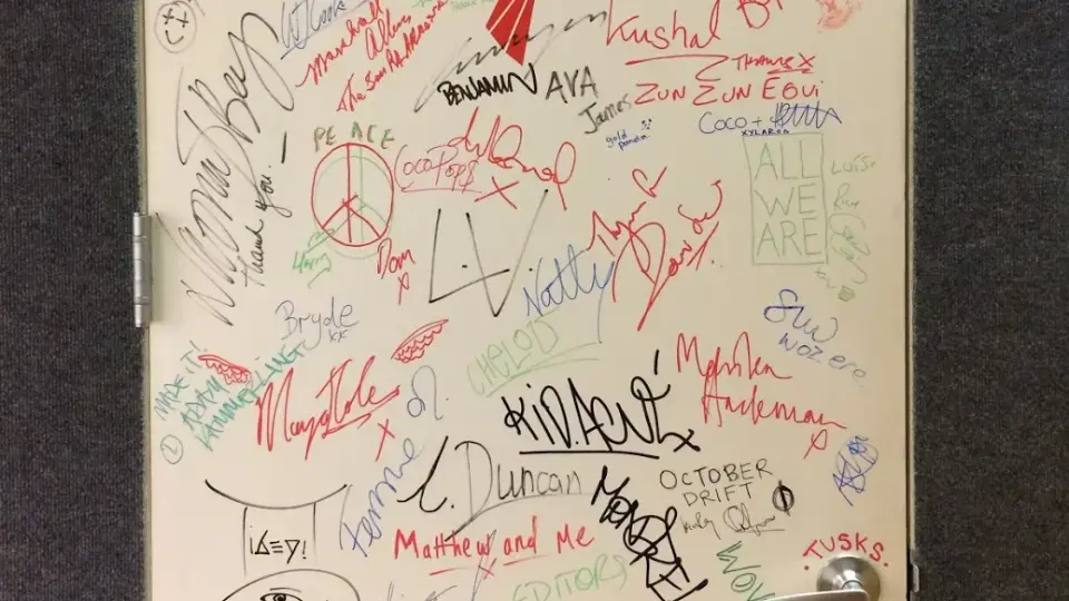 Colourful collection of signatures, symbols and personal messages densely written across a white door.
