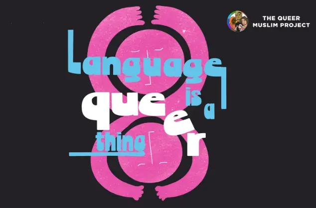 Language is a queer thing written in playful text over a logo of two abstract pink painted bodies connecting and a black background