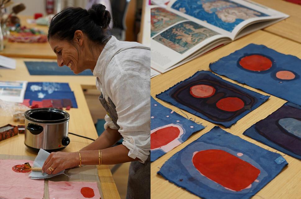 Two photographs side by side. One shows a woman painting another shows the artworks.