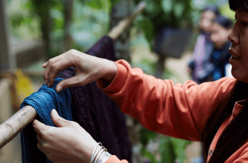 A woman hangs freshly dyed fabric over a pole suspended between trees in a woodland.