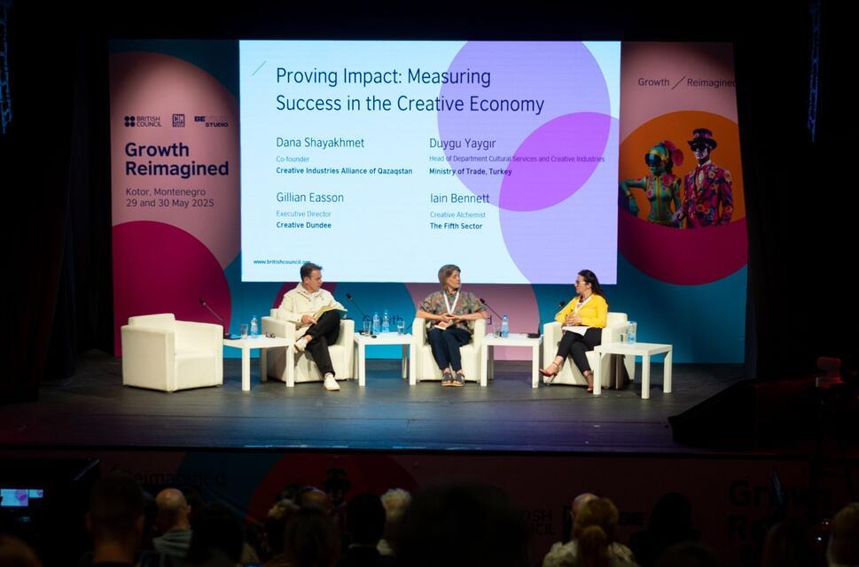 A panel of three people on a stage at the Growth Reimagined conference