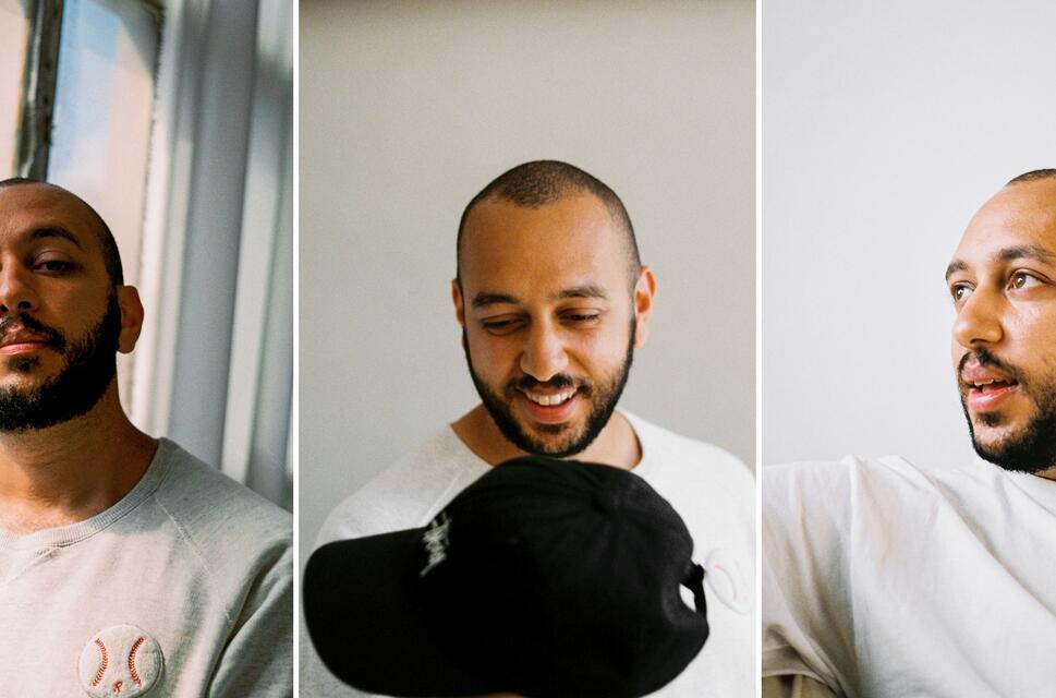 Three images of podcast host, Mo. (1) In front of a large window, looking towards camera (2) looking down, holding his cap, smiling (3) looking to our left.