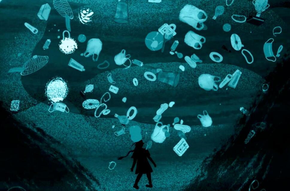 An animation still of plastic items swirling around in the sea