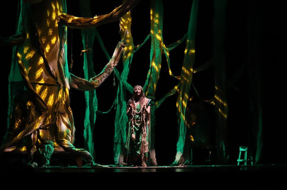 An Asian woman on stage with a forest-like set